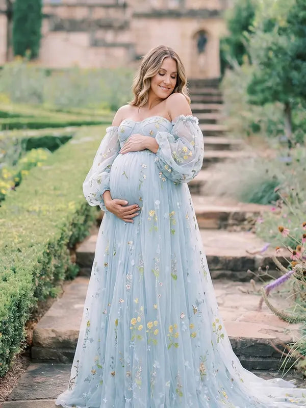 Powder Blue Maternity Photoshoot Dress with Floral Embroidery, Sweetheart Corset Bodice and Sheer Puff Sleeves for Baby Shower | Bumplook