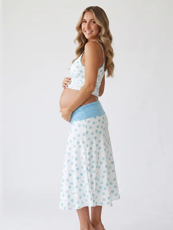 Light Blue Polka Dot Maternity Crop Top with Adjustable Straps, Two Piece Pregnancy Outfit Detail | Bumplook