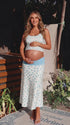 Light Blue Polka Dot Maternity Midi Skirt with Ruched Waist and Mesh Overlay, Pregnancy Outfit Detail | Bumplook