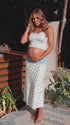 Light Blue Polka Dot Maternity Two Piece Set with Crop Top and Midi Skirt for Baby Shower and Maternity Photoshoot | Bumplook