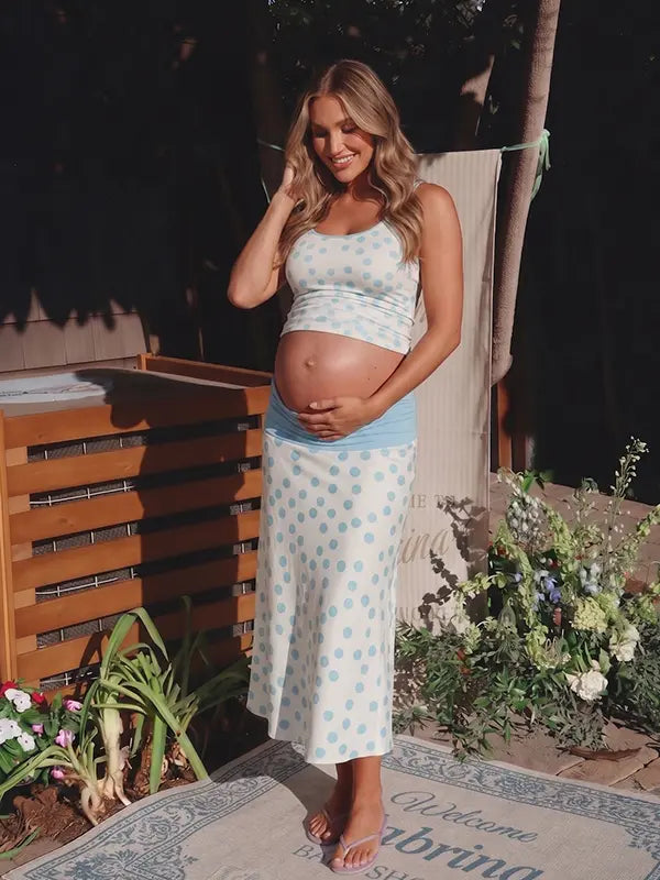 Light Blue Polka Dot Maternity Two Piece Set with Crop Top and Midi Skirt for Baby Shower and Maternity Photoshoot | Bumplook