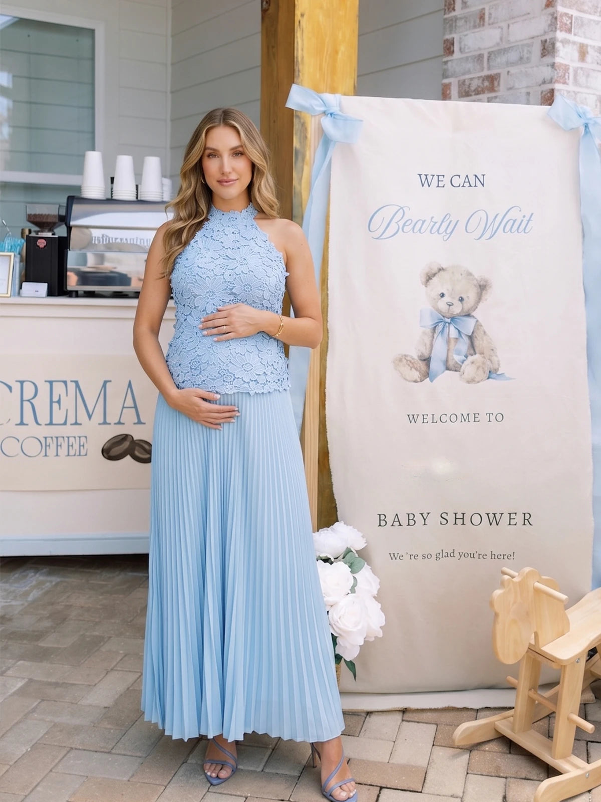 Baby Blue Maternity Baby Shower Dress with Floral Bodice | Bumplook