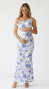 blue print off shoulder maternity maxi dress with bodycon silhouette