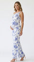 blue print off shoulder maternity maxi dress with bodycon silhouette