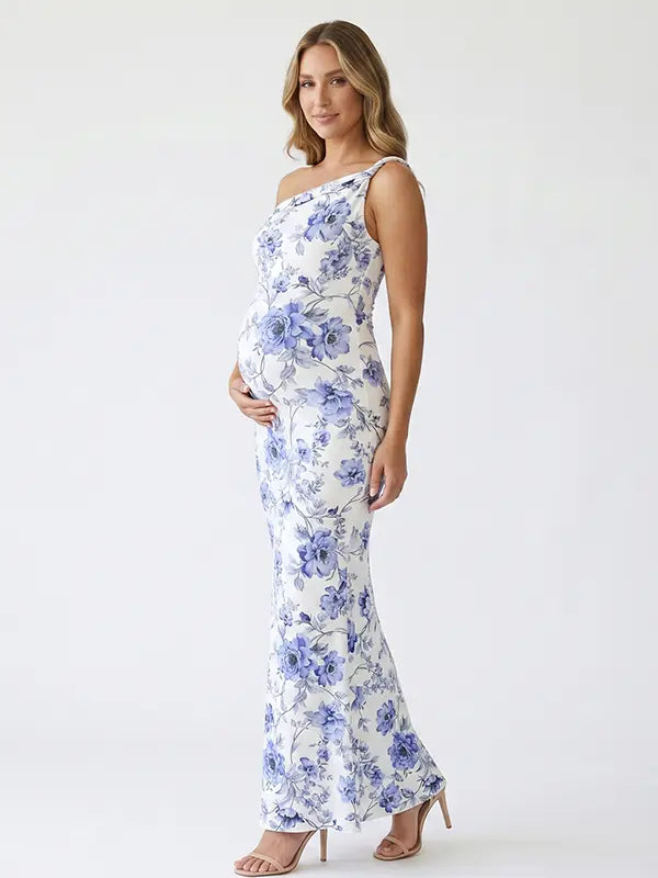 blue print off shoulder maternity maxi dress with bodycon silhouette