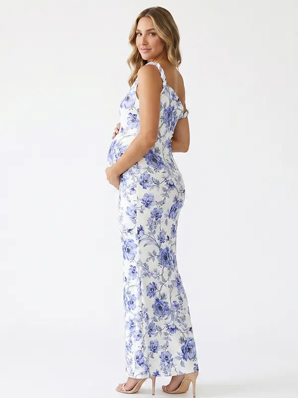 blue print off shoulder maternity maxi dress with bodycon silhouette