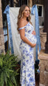 blue print off shoulder maternity maxi dress with bodycon silhouette