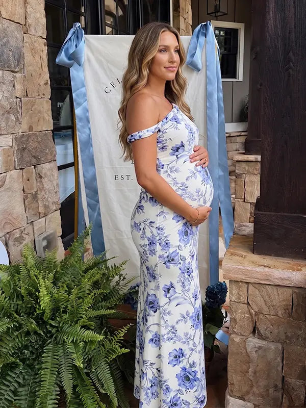 blue print off shoulder maternity maxi dress with bodycon silhouette