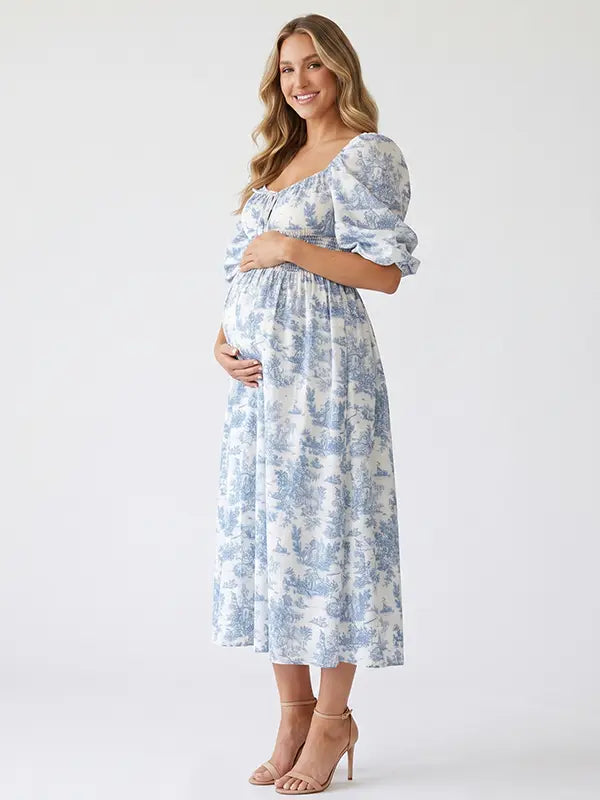 Blue Puff Sleeve Maternity Maxi Dress with Flowing Pregnancy Silhouette | Bumplook