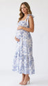 Blue Tie Shoulder Maternity Dress with Square Neck and Flowing Skirt | Bumplook