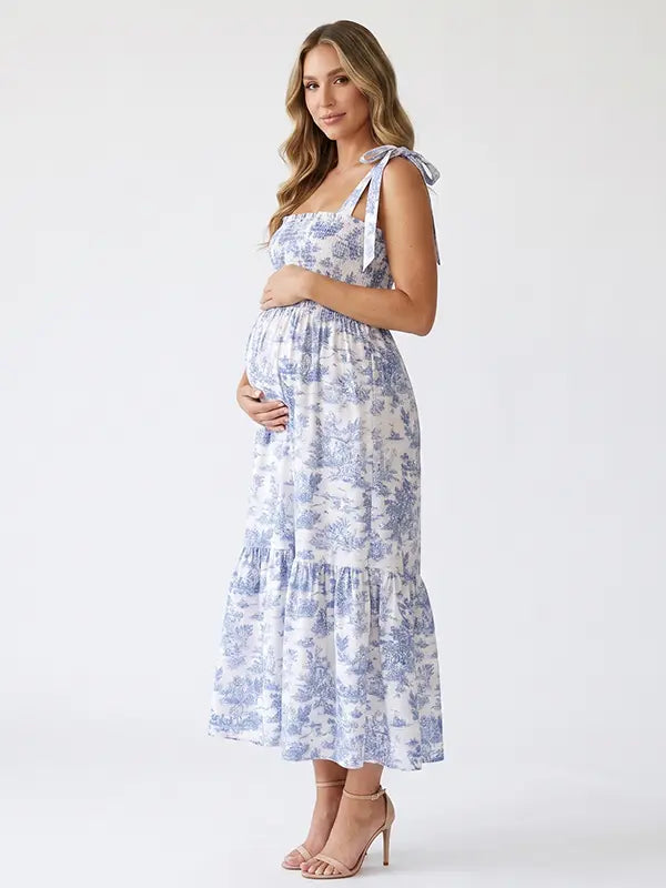 Blue Tie Shoulder Maternity Dress with Square Neck and Flowing Skirt | Bumplook