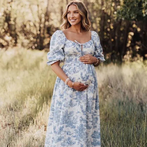 Blue Toile Maternity Dress for Garden Baby Shower | Bumplook