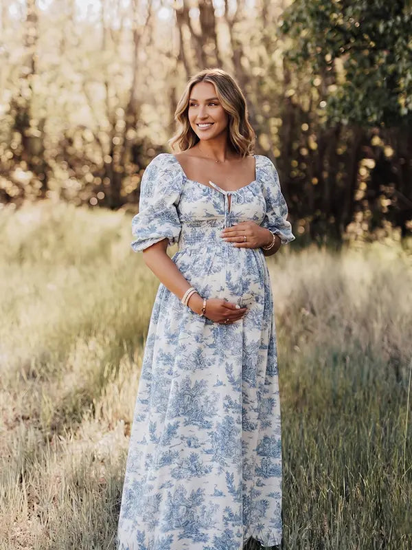 Blue Toile Maternity Dress for Garden Baby Shower | Bumplook