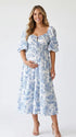 Blue Toile Maternity Dress with Puff Sleeves and Smocked Waist | Bumplook