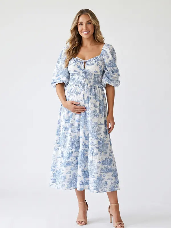 Blue Toile Maternity Dress with Puff Sleeves and Smocked Waist | Bumplook