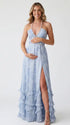 Blue Toile Pearl Halter Maternity Dress, French Garden Maternity Maxi Dress for Baby Shower, Maternity Photoshoot, Gender Reveal, Pregnancy Announcement, Bridal Shower, Garden Party, Formal Events | Bumplook