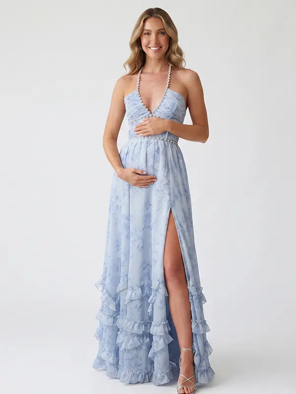 Blue Toile Pearl Halter Maternity Dress, French Garden Maternity Maxi Dress for Baby Shower, Maternity Photoshoot, Gender Reveal, Pregnancy Announcement, Bridal Shower, Garden Party, Formal Events | Bumplook