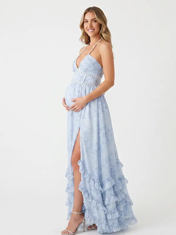 Blue Toile Pearl Halter Maternity Dress, French Garden Maternity Maxi Dress for Baby Shower, Maternity Photoshoot, Gender Reveal, Pregnancy Announcement, Bridal Shower, Garden Party, Formal Events | Bumplook