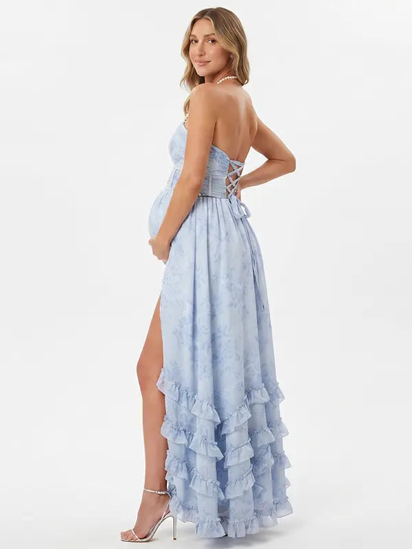 Blue Toile Pearl Halter Maternity Dress, French Garden Maternity Maxi Dress for Baby Shower, Maternity Photoshoot, Gender Reveal, Pregnancy Announcement, Bridal Shower, Garden Party, Formal Events | Bumplook
