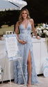 Blue Toile Pearl Halter Maternity Dress, French Garden Maternity Maxi Dress for Baby Shower, Maternity Photoshoot, Gender Reveal, Pregnancy Announcement, Bridal Shower, Garden Party, Formal Events | Bumplook