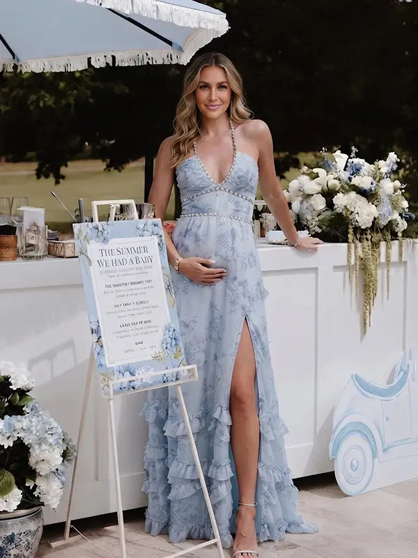 Blue Toile Pearl Halter Maternity Dress, French Garden Maternity Maxi Dress for Baby Shower, Maternity Photoshoot, Gender Reveal, Pregnancy Announcement, Bridal Shower, Garden Party, Formal Events | Bumplook