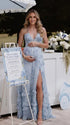 Blue Toile Pearl Halter Maternity Dress, French Garden Maternity Maxi Dress for Baby Shower, Maternity Photoshoot, Gender Reveal, Pregnancy Announcement, Bridal Shower, Garden Party, Formal Events | Bumplook