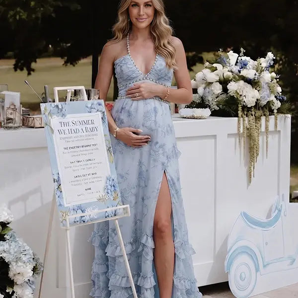Blue Toile Pearl Halter Maternity Dress, French Garden Maternity Maxi Dress for Baby Shower, Maternity Photoshoot, Gender Reveal, Pregnancy Announcement, Bridal Shower, Garden Party, Formal Events | Bumplook