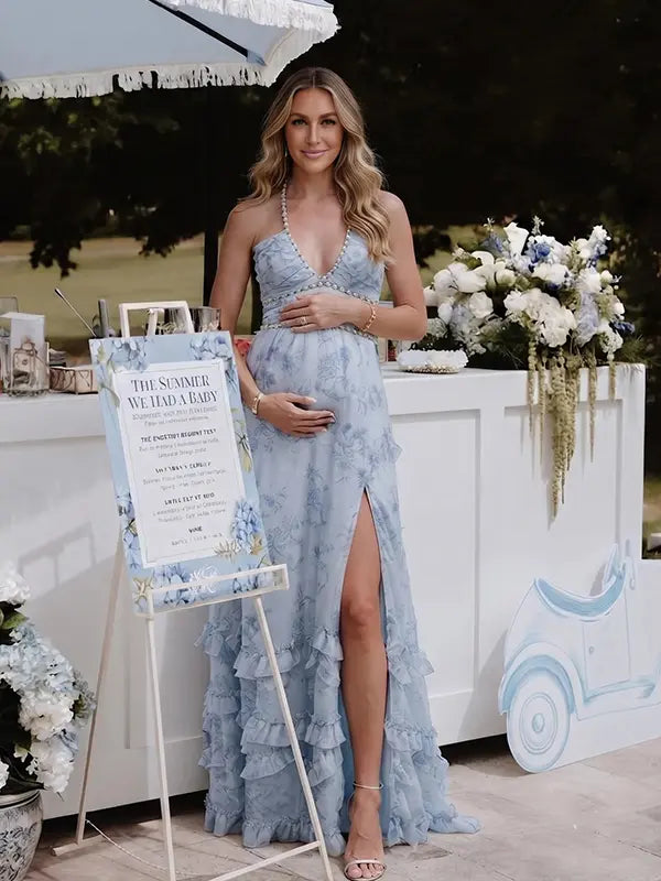 Blue Toile Pearl Halter Maternity Dress, French Garden Maternity Maxi Dress for Baby Shower, Maternity Photoshoot, Gender Reveal, Pregnancy Announcement, Bridal Shower, Garden Party, Formal Events | Bumplook
