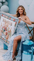 Blue Toile Pearl Halter Maternity Dress, French Garden Maternity Maxi Dress for Baby Shower, Maternity Photoshoot, Gender Reveal, Pregnancy Announcement, Bridal Shower, Garden Party, Formal Events | Bumplook
