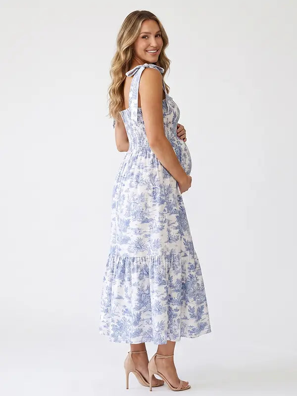 Blue Toile Pregnancy Maxi Dress with Tiered Hem and Bump-Friendly Fit | Bumplook