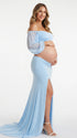 Blue Maternity Crop Top Photoshoot Outfit, Off Shoulder Long Sleeve Top for Baby Bump Photography | Bumplook