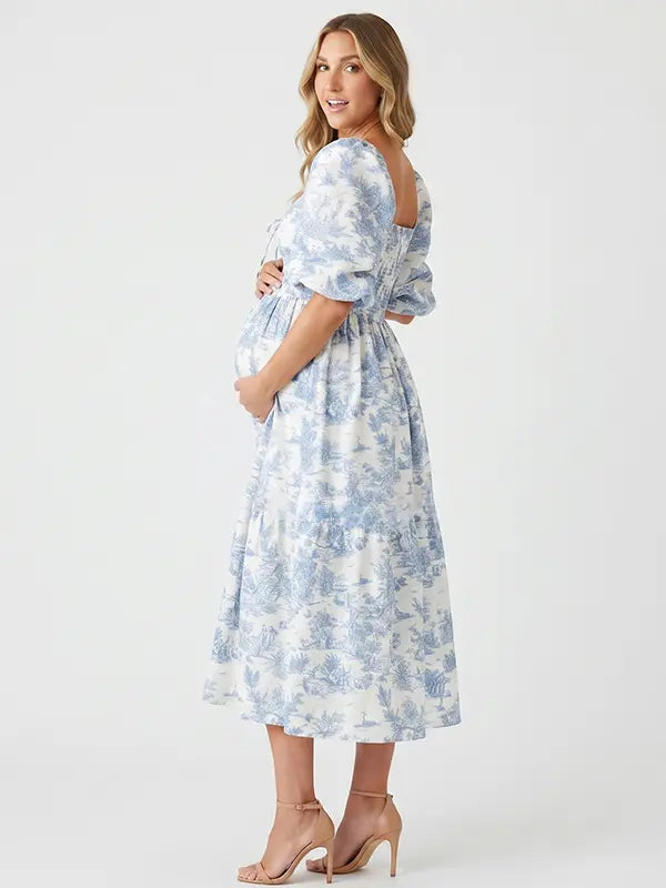Blue and White Toile Pregnancy Dress with Smocked Waist Detail | Bumplook