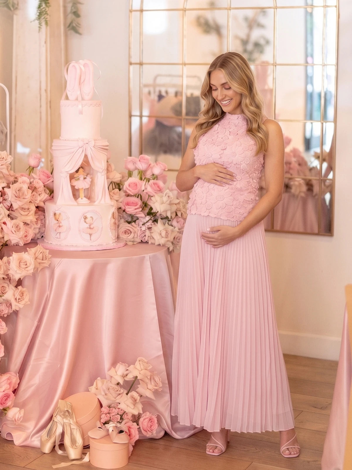 Pink Floral Appliqué Maternity Dress with Halter Neck | Bumplook
