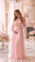 Blush Pink Maternity Gown, Swiss Dot Long Sleeve Dress for Pregnancy Photoshoot and Pregnancy Announcement | Bumplook