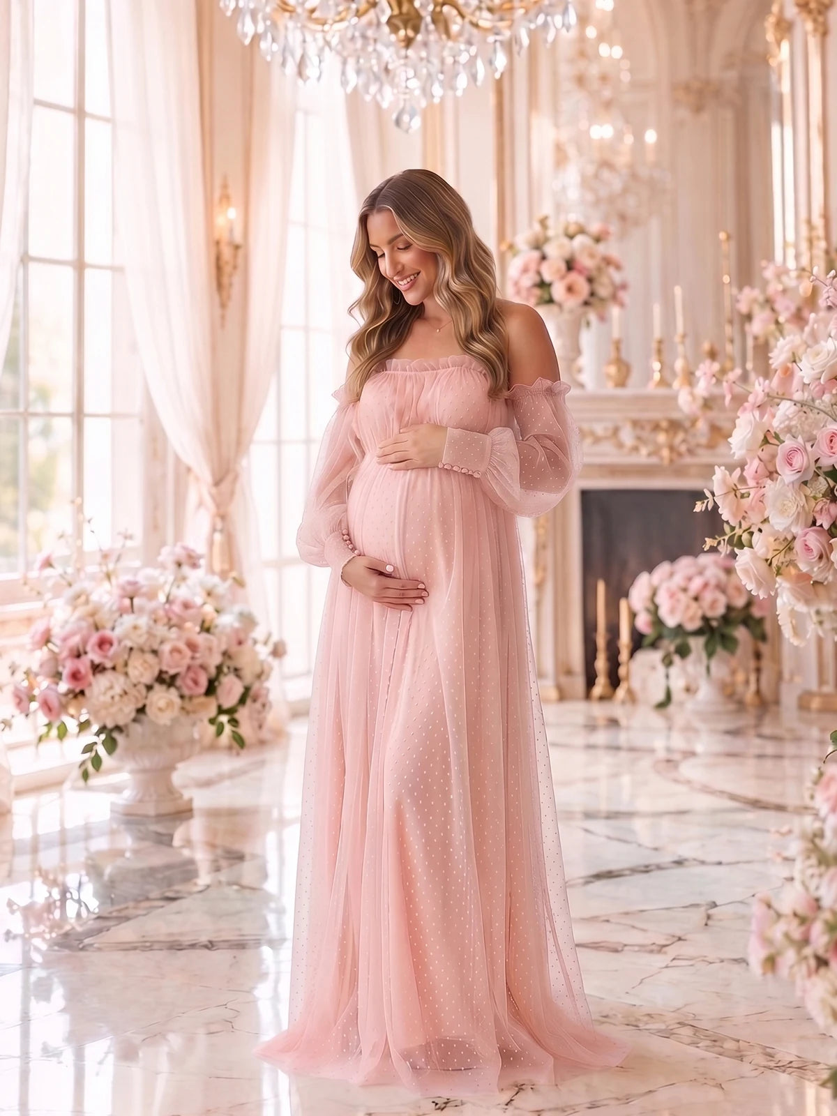 Blush Pink Maternity Gown, Swiss Dot Long Sleeve Dress for Pregnancy Photoshoot and Pregnancy Announcement | Bumplook