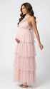Blush Pink Halter Maternity Tulle Maxi Dress – Tiered Ruffle Gown, Adjustable Tie Baby Shower Dress