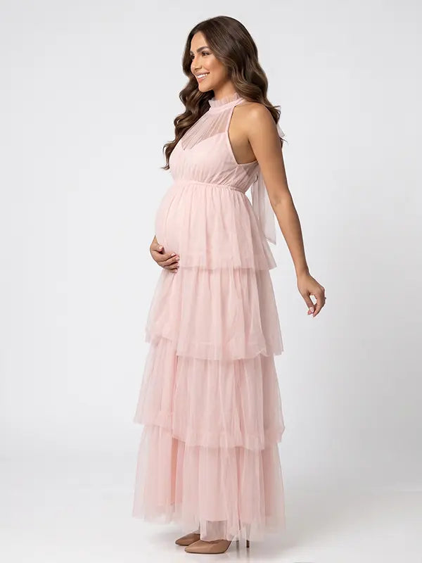 Blush Pink Halter Maternity Tulle Maxi Dress – Tiered Ruffle Gown, Adjustable Tie Baby Shower Dress