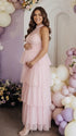 Blush Pink Halter Maternity Tulle Maxi Dress – Tiered Ruffle Gown, Adjustable Tie Baby Shower Dress