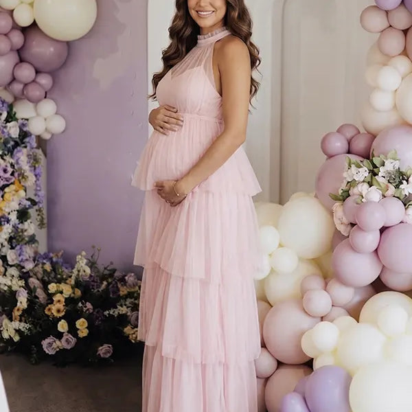 Blush Pink Halter Maternity Tulle Maxi Dress – Tiered Ruffle Gown, Adjustable Tie Baby Shower Dress