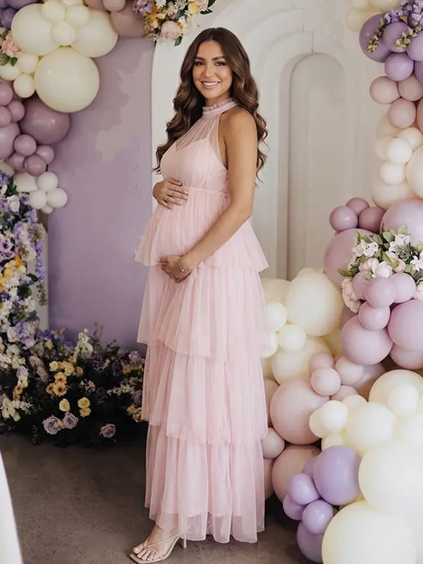 Blush Pink Halter Maternity Tulle Maxi Dress – Tiered Ruffle Gown, Adjustable Tie Baby Shower Dress