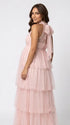 Blush Pink Halter Maternity Tulle Maxi Dress – Tiered Ruffle Gown, Adjustable Tie Baby Shower Dress