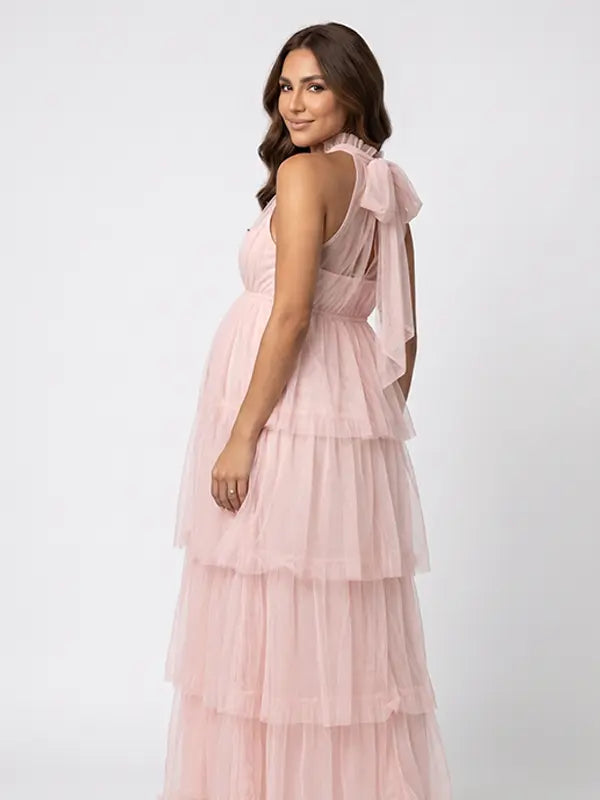 Blush Pink Halter Maternity Tulle Maxi Dress – Tiered Ruffle Gown, Adjustable Tie Baby Shower Dress