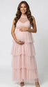 Blush Pink Halter Maternity Tulle Maxi Dress – Tiered Ruffle Gown, Adjustable Tie Baby Shower Dress