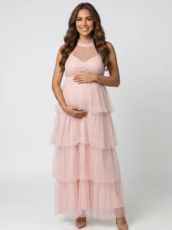 Blush Pink Halter Maternity Tulle Maxi Dress – Tiered Ruffle Gown, Adjustable Tie Baby Shower Dress