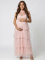 Blush Pink Halter Maternity Tulle Maxi Dress– Tiered Ruffle Pregnancy Gown