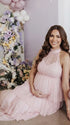 Blush Pink Halter Maternity Tulle Maxi Dress – Tiered Ruffle Gown, Adjustable Tie Baby Shower Dress