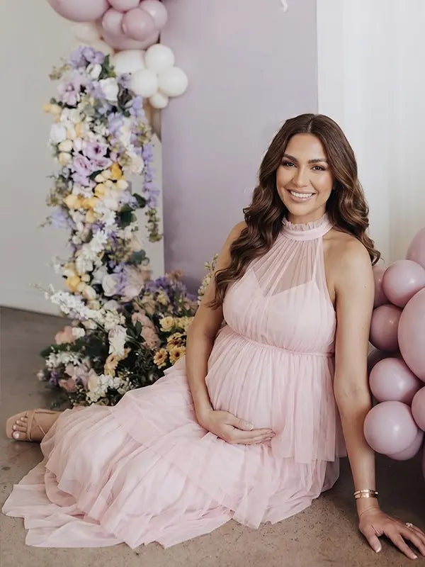 Blush Pink Halter Maternity Tulle Maxi Dress – Tiered Ruffle Gown, Adjustable Tie Baby Shower Dress