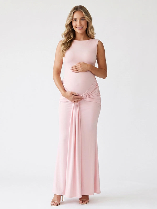 Pink Open Back Maternity Dress with Ruched Bodycon Fit | Bumplook