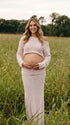 Blush Pink Knit Maternity Two-Piece Set, Off-Shoulder Crop Top and Maxi Skirt for Baby Shower, Maternity Photoshoot, Gender Reveal, Pregnancy Announcement, Wedding Guest, Bridal Shower, Formal Events | Bumplook