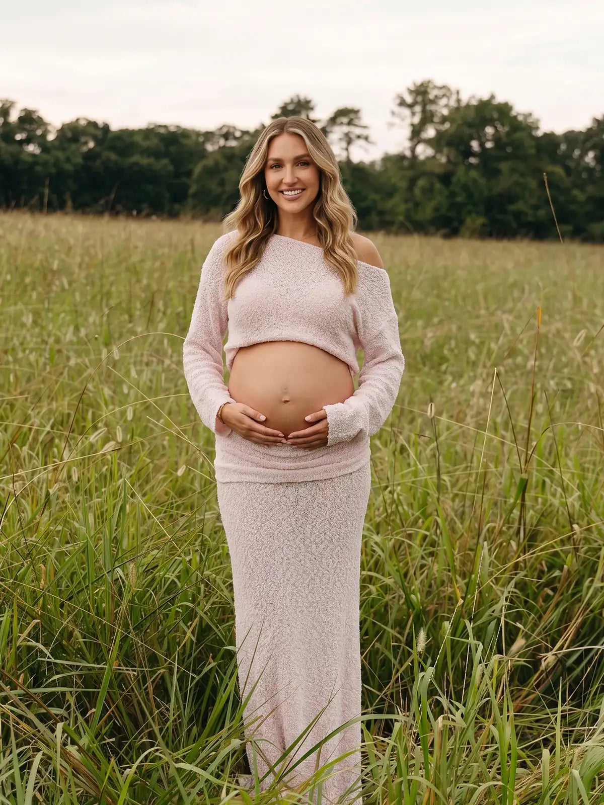 Blush Pink Knit Maternity Two-Piece Set, Off-Shoulder Crop Top and Maxi Skirt for Baby Shower, Maternity Photoshoot, Gender Reveal, Pregnancy Announcement, Wedding Guest, Bridal Shower, Formal Events | Bumplook